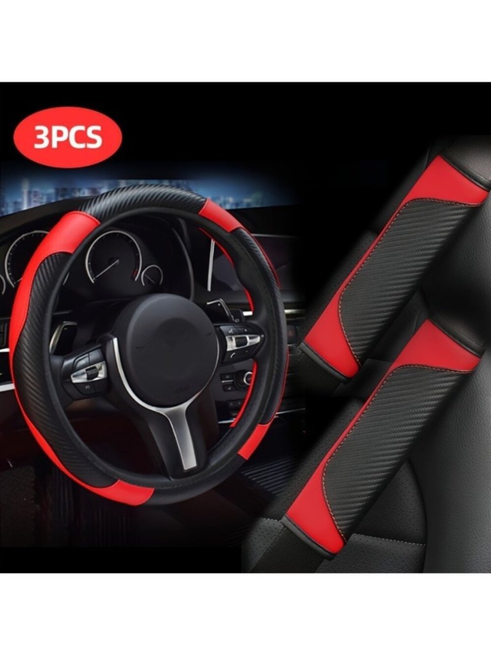3Pcs Carbon Fiber PU Steering Wheel Cover & Seatbelt Pad Set